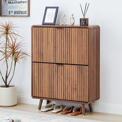 Fluted Shoe Cabinet Storage for Entryway,Slim Shoe Cabinet with 2 Flip Drawers, Narrow Shoes Rack Organizer (All Walnut, 2 Drawers)