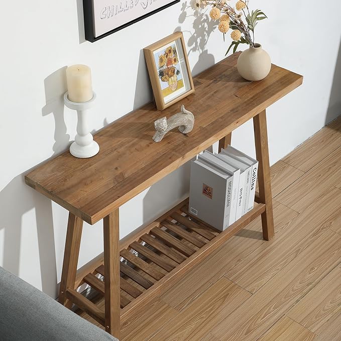 Reclaimed Solid Wood Console Table, 43.3" Farmhouse Entryway Table, Narrow Couch Tables Behind Sofa, 2 Tiers Accent Tables for Hallway, Entrance, Foyer, Living Room