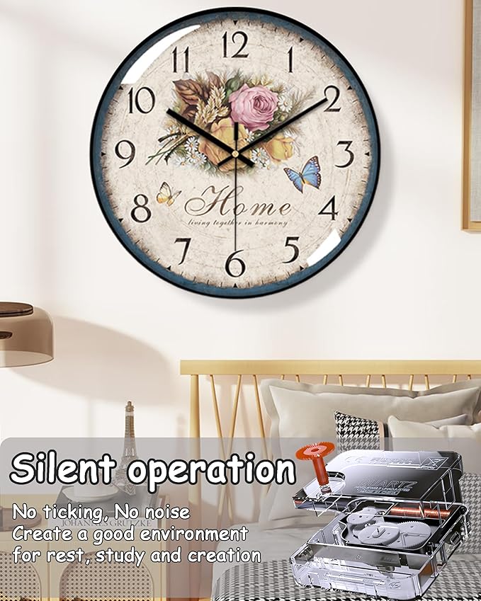Decorative Wall Clocks Batterys Operated, Retro Wall Clock with Glass Dial, 12-Inch Dial with Roman Numerals, Silent and No Ticking, Suitable for Living Room, Bedroom, Dining Area, Workspace