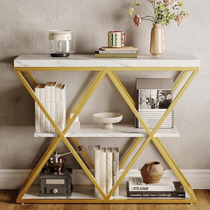 Garvee 3-Tier Entryway Table, Industrial Console Sofa Table with Storage, Accent Table with Open Shelves, X-Shaped Gold Metal Frame, Foyer Table for Entryway, Hallway, Foyer, Living Room, White