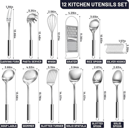 Bestdin Kitchen Utensils Set 12Pcs - Nontoxic Stainless Steel Cooking Utensils, Non-Stick and Heat Resistant Metal Kitchen Gadgets Tools, Cookware, Dishwasher Safe, Mirror Polished