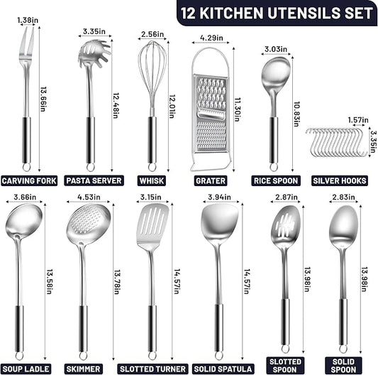 Bestdin Kitchen Utensils Set 12Pcs - Nontoxic Stainless Steel Cooking Utensils, Non-Stick and Heat Resistant Metal Kitchen Gadgets Tools, Cookware, Dishwasher Safe, Mirror Polished