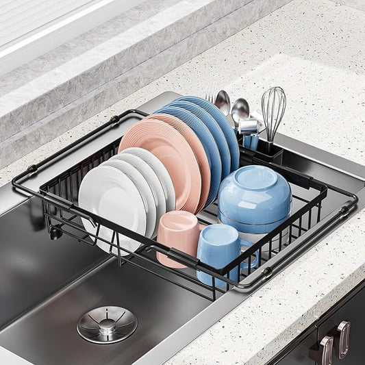 Expandable in Sink Dish Drying Rack - Adjustable Capacity Over The Sink Dish Drainer Drying Rack with Utensil Holder for Kitchen Counter, Drying Rack for Small Space,14.37“-21.06”L x 11.81“W x 3.74”D