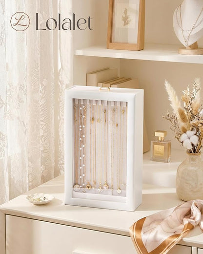 Lolalet Upgraded Double-Sided Hanging Necklace Organizer Box, Jewelry Display Case with Double-Sided Clear Window for Necklaces Bracelets, Tangle-Free Necklace Storage Box, White, 1-Layer 20 Hooks