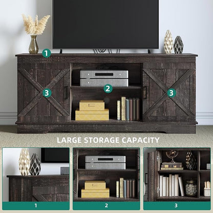 YITAHOME Farmhouse TV Stand for 65 Inch TV, Mid Century Modern Entertainment Center with Double Barn Doors, Rustic TV Media Console TV Cabinet for Living Room, Dark Oak