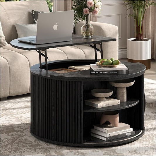 Round Lift Top Coffee Table, 31.5” Mid Century Modern Center Table with Hidden Storage, Fluted Circle Coffee Tables for Living Room, Home Office, Black