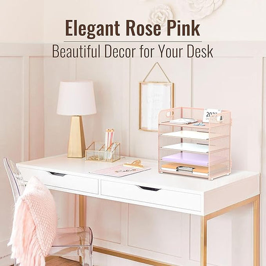 Supeasy 5 Trays Paper Organizer Letter Tray with Handle-Mesh Desk File Holders, Paper Sorter Desk Organizer for Office, Home, Classroom or School, Pink