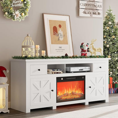 YITAHOME Electric Fireplace TV Stand for TVs up to 80 Inches, Entertainment Center with Fireplace, Farmhouse TV Stands with Storage Drawers & Cabinets for Living Room (White)