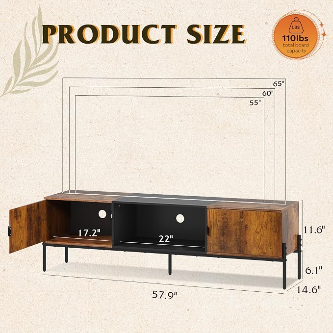 WLIVE 58" TV Stand for 65 Inch TVs, Mid Century Modern Entertainment Center with 2 Storage Cabinets & Open Shelf, Media Console Table with Metal Legs for Living Room, Bedroom, Rustic Brown