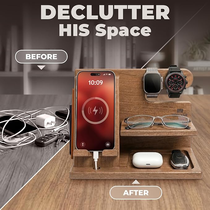 TESLYAR Wood Phone Docking Station for Men - Desktop or Nightstand Organizer - Birthday Gifts for Men, Dad - Anniversary Idea from Wife - Key Holder, Stand Wallet, Watch & Essentials (Earth Beige)