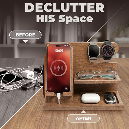 TESLYAR Wood Phone Docking Station for Men - Desktop or Nightstand Organizer - Birthday Gifts for Men, Dad - Anniversary Idea from Wife - Key Holder, Stand Wallet, Watch & Essentials (Earth Beige)