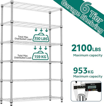 M MZG 2100LBS 47.2" W 6 Tiers Shelf Storage Shelves Metal Shelving Unit Heavy Duty Garage Shelving Adjustable Wire Shelves for Pantry,Kitchen,Garage,Basement,Chrome 17.7" D x 47.2" W x 82.4" H