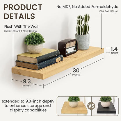 Marsmiles 30 Inch Floating Shelves | 9.3 Inch Deep Natural Wood Wall Shelves Set of 2 | Rustic Reclaimed Wood Shelves for Room Wall | Farmhouse Floating Shelves for Living Room Bathroom
