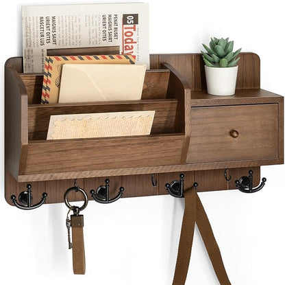 Rebee Vision Key and Mail Holder Wall Mount - Mail Organizer Wall Mount with Storage Hooks and Drawer for Modern Farmhouse Decor - Mail Organizer Wall Mounted for Rustic Apartment Essentials (Brown)
