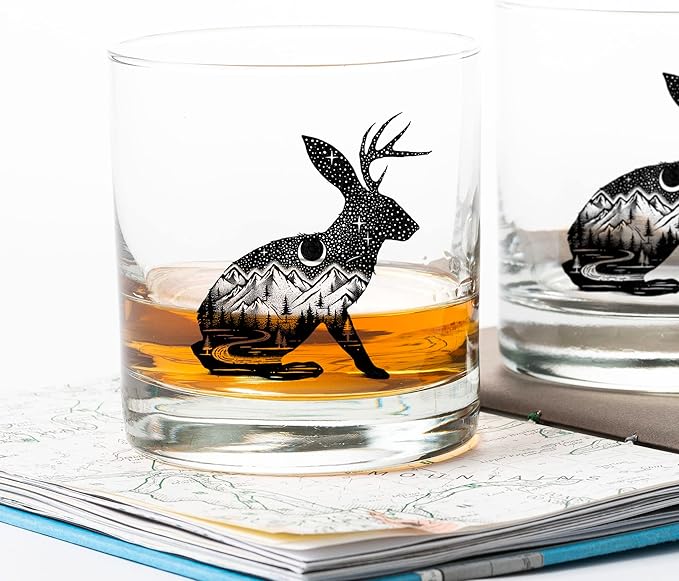 Black Lantern Whiskey Glass Set of 2 – 11oz Premium Heavy Base Drinking Glasses – Old Fashioned Glasses for Cocktails Bourbon Scotch Juice and Water – Set of 2 Heavy Base Tumblers (Jackalope)