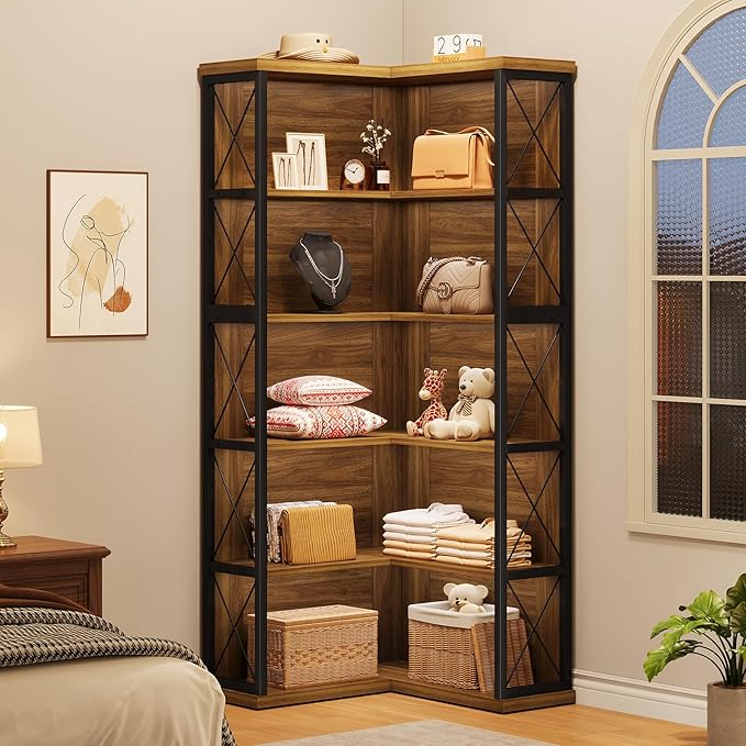 Condemo 5-Tier L Shaped Bookshelf, Vintage Industrial Corner Bookcase, Large Tall Storage Shelves Display Rack with Metal Frame for Living Room, Home Office, Bedroom, Light Brown