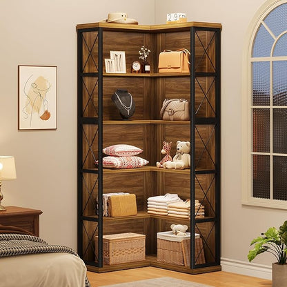 Condemo 5-Tier L Shaped Bookshelf, Vintage Industrial Corner Bookcase, Large Tall Storage Shelves Display Rack with Metal Frame for Living Room, Home Office, Bedroom, Light Brown