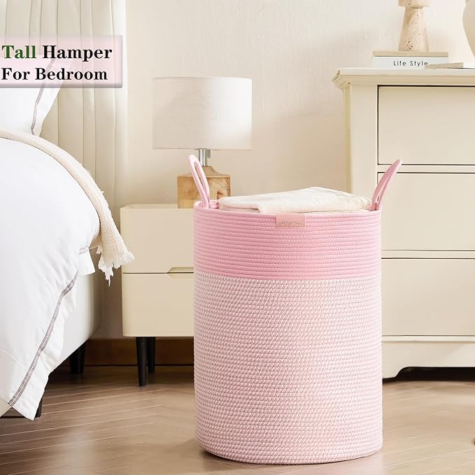 80L Extra Large Pink Hamper Tall Laundry Basket for Girls Kids Nursery Hamper for Baby Woven Cotton Rope Laundry Basket for Little Girls Room Bedroom 16x22 Inches