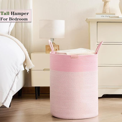80L Extra Large Pink Hamper Tall Laundry Basket for Girls Kids Nursery Hamper for Baby Woven Cotton Rope Laundry Basket for Little Girls Room Bedroom 16x22 Inches
