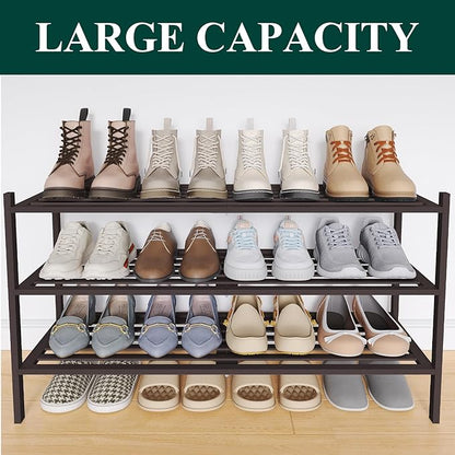 Smiry Long Bamboo Shoe Rack 3-Tier, Stackable Wooden Shoe Organizer for Entryway & Closet, Free Standing Wood Shoe Storage Shelf for Front Door & Small Spaces, Brown
