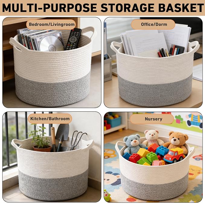 90L Extra Large Blanket Basket,Woven Rope Laundry Basket Hamper with Handles, Decorative Nursery Basket Storage Bin for Toys, Clothes Organizer, Living Room, Bedroom, Bathroom, White&Grey