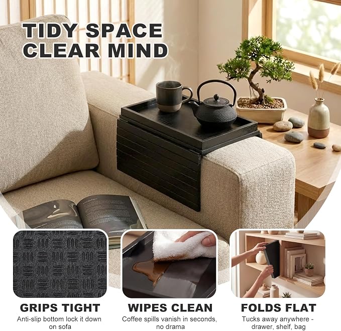 Sofa Arm Tray, Foldable Bamboo Couch Armrest Table with Large 12.5" x 5.8" Storage Compartment, Portable Chair Couch Caddy Arm Tray for Cup TV Snacks Phone