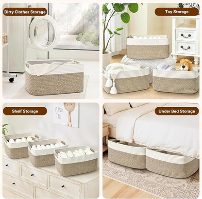 2 Pack Large Storage Basket for Organizing, 17.5"x13.5"x7.5" Woven Basket for Shelves, Closet Storage Bins with Wrapped Handle, Cotton Rope Baskets for Kitchen, Clothes, Toys(Off White & Brown)