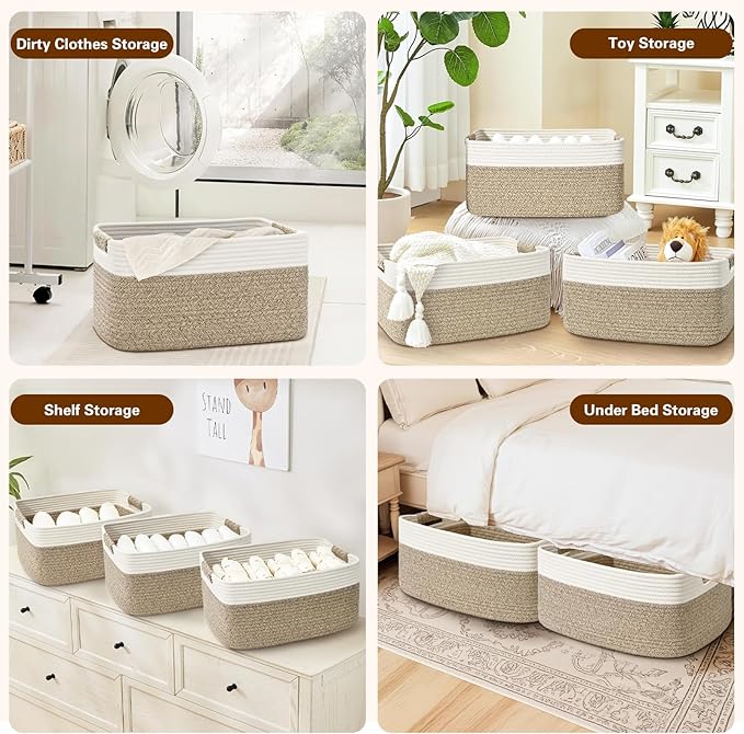 3 Pack Large Storage Basket for Organizing, 17.5"x13.5"x7.5" Woven Basket for Shelves, Closet Cube Storage Bins with Wrapped Handle, Cotton Rope Baskets for Kitchen, Clothes, Toys(Off White & Brown)