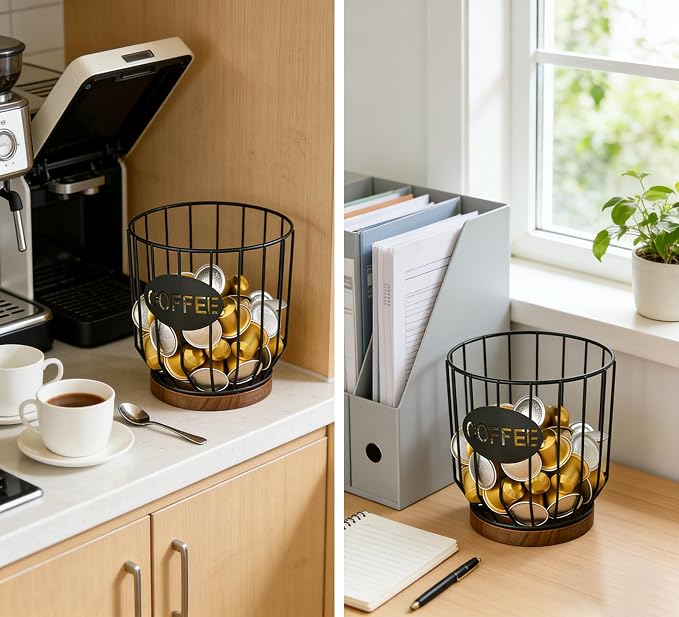 Coffee Pod Holders for Counter, Nespresso Pods Holder, K-Cup Holder, Coffee Pod Basket, Countertop Organizer for Keurig Kcups & Espresso Capsules, Coffee Station Accessories(Black Plating)