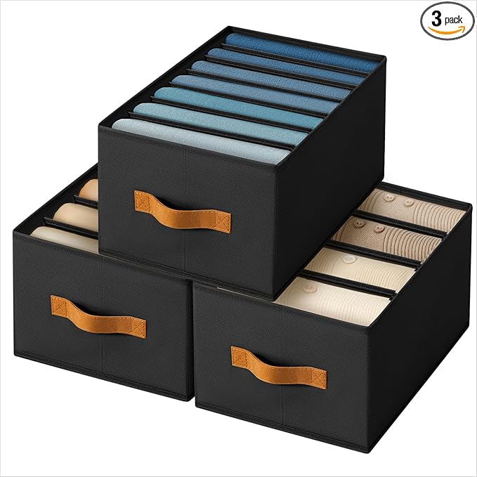 Homsorout Clothes Organizers and Storage - 4/5/7 Grids Fabric Jeans Organizer with Handles, Foldable Closet Organizers Dividers, Wardrobe organizer for Pant, Sweater, T-shirt, Scarf, 3 Pack, Black