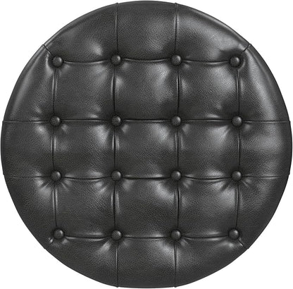 Homepop Home Decor | Button Tufted Faux Leather Round Storage Ottoman | Ottoman with Storage for Living Room & Bedroom (Black Faux Leather)