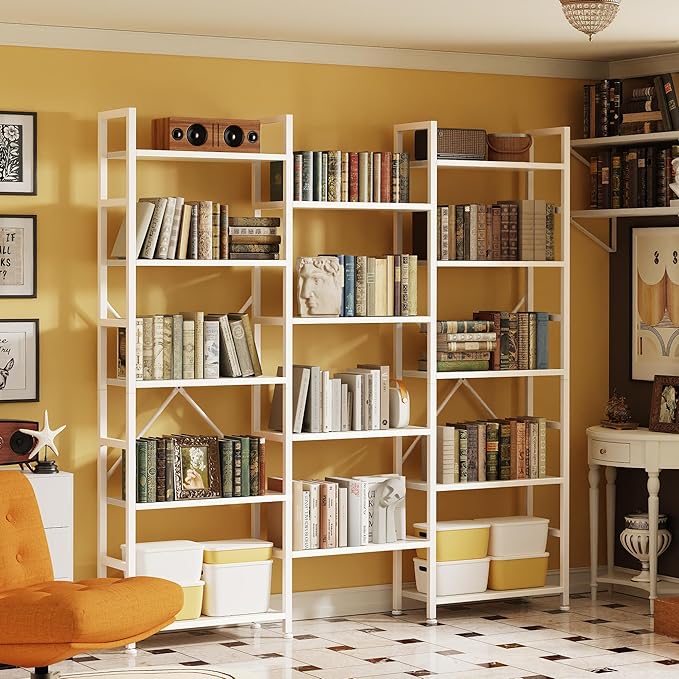 SUPERJARE Triple Bookshelf, Bookcase with 11 Open Display Shelves, Wide Book Shelf Book Case for Home & Office, 5 Tier, White
