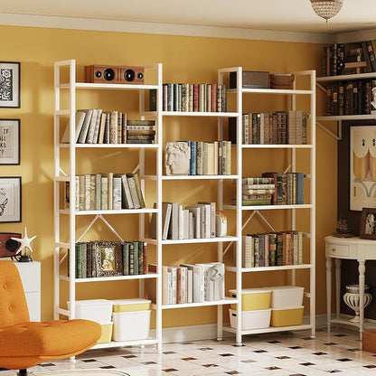 SUPERJARE Triple Bookshelf, Bookcase with 11 Open Display Shelves, Wide Book Shelf Book Case for Home & Office, 5 Tier, White