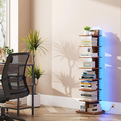 TUTOTAK Narrow Bookshelf, 8-Tier Bookcase with LED Lights, Spine Book Shelf for Small Space, Corner Standing Shelf for Living Room, Office, Study, Entryway, Rustic Brown BS06BB008L