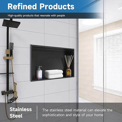 Shower Niche 18" X 12" Black, Stainless Steel Wall Niche Double Shelves Recessed Shower Shelf for Bathroom Storage, No Tile Needed Over Mount Installation