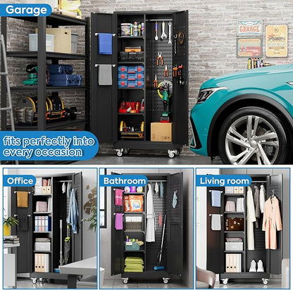 SUXXAN Broom Closet Storage Cabinet with Wheels 71.4"x 31.5"x15.7", Metal Cleaning Cabinets with Hooks and Hanging Rods, Lockable Cabinet with Pegboard, Adjustable Shelf,for Garage, Laundry Room