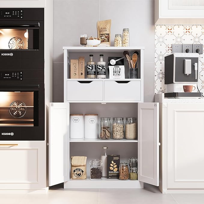 Shintenchi Floor Storage Cabinet, Bathroom Storage Organizer with Doors and Drawers, Freestanding Side Cupboard Pantry with Adjustable Shelf for Bathroom/Kitchen/Livingroom, White