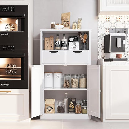 Shintenchi Floor Storage Cabinet, Bathroom Storage Organizer with Doors and Drawers, Freestanding Side Cupboard Pantry with Adjustable Shelf for Bathroom/Kitchen/Livingroom, White