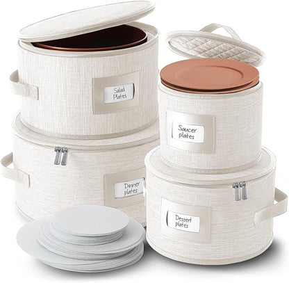 Fine China Storage Containers Hard Shell, 4 Piece Dish Storage Containers, Quilted Plate Containers, Stackable Dish Organizer with Dividers, Dinnerware Storage for Moving and Seasonal Storage, Cream