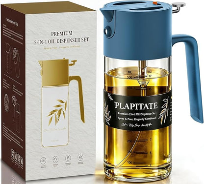 17oz/500ml Premium Olive Oil Sprayer for Cooking, 2 in 1 Glass Olive Oil Dispenser Bottle for Kitchen Gadgets, Spray Bottle with Portion Control for Salad, Frying, BBQ (Blue)