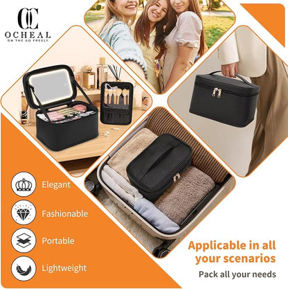 OCHEAL Makeup Bag with LED Mirror, Travel Cosmetic Organizer Vanity Case with 3 Color Setting Light Up Mirror for Women Beauty Tools Accessories Rechargeable - Black
