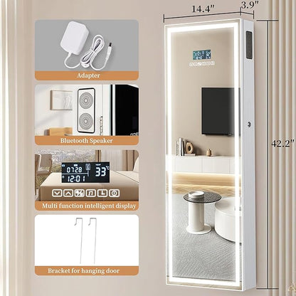 LED Mirror Jewelry Cabinet with Bluetooth Speaker, Wall/Door Mounted Jewelry Organizer Armoire, Full Length Lighted Mirror with Jewelry Storage,Jewelry Box Standing for Women