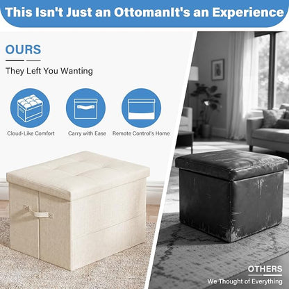 Dayacoco Storage Ottoman Foot Rest Stool, Foldable Foot Rest Stool with Thicker Foam Padded Seat, 43L Small Ottoman with Storage, Holds Up to 350lbs, 17x13x13in, Beige