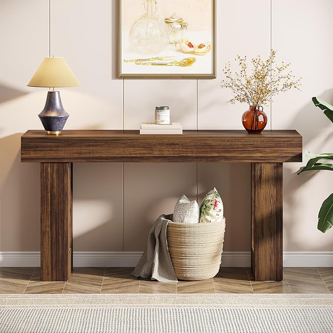 Tribesigns 63-Inch Long Console Table, MDF Wood Grain Rectangular Sofa Table Behind The Couch, Farmhouse Entryway Table for Entrance, Hallway, Living Room (Rustic Brown)