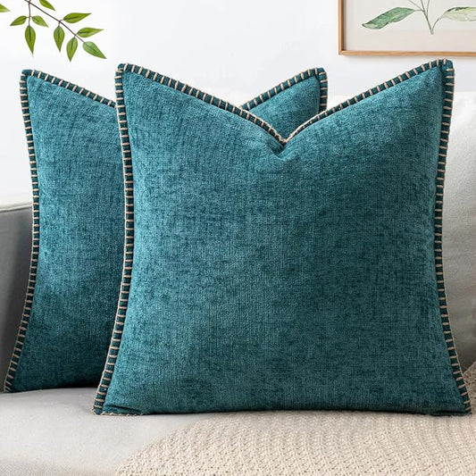 MIULEE Pack of 2 Couch Throw Pillow Covers 18x18 Inch Dark Teal Farmhouse Decorative Pillow Covers with Stitched Edge Soft Chenille Solid Dyed Pillow Covers for Sofa Bed Living Room