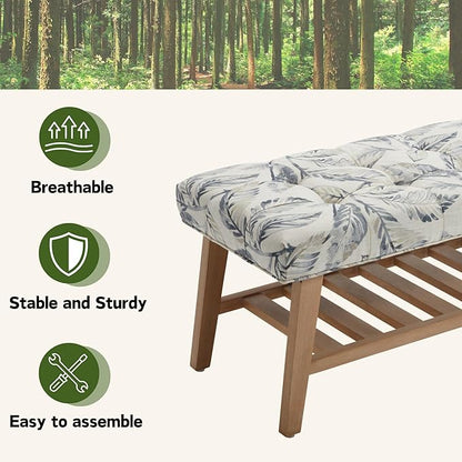 Entryway Shoe Bench Storage Benches with Upholstered Button Tufted Seat and Open Slatted Shelf Linen Shoe Rack for Hallway Living Room Bedroom End of Bed, Pattern