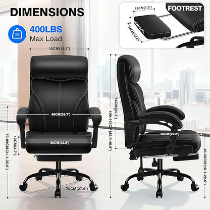 Office Chair - Ergonomic Comfortable High Back Computer Desk Chair with Foot Rest - Executive Breathable Swivel Rolling Reclining Leather Chair with Lumbar Support for Home Gaming Relaxing