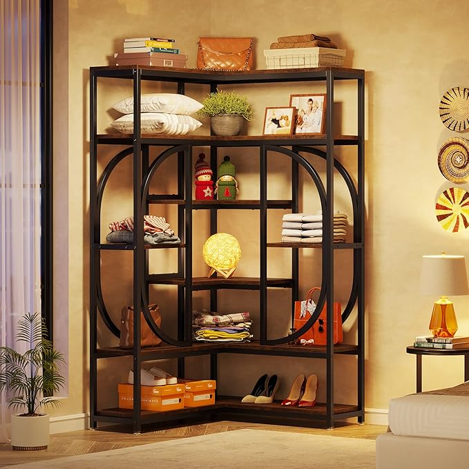 Tribesigns 7-Shelf Corner Bookshelf, Large Modern Corner Bookcase, Tall L-Shaped Corner Shelf Stand Display Rack with Storage, Metal Frame for Living Room Home Office (Rustic Brown)