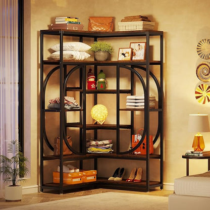 Tribesigns 7-Shelf Corner Bookshelf, Large Modern Corner Bookcase, Tall L-Shaped Corner Shelf Stand Display Rack with Storage, Metal Frame for Living Room Home Office (Rustic Brown)
