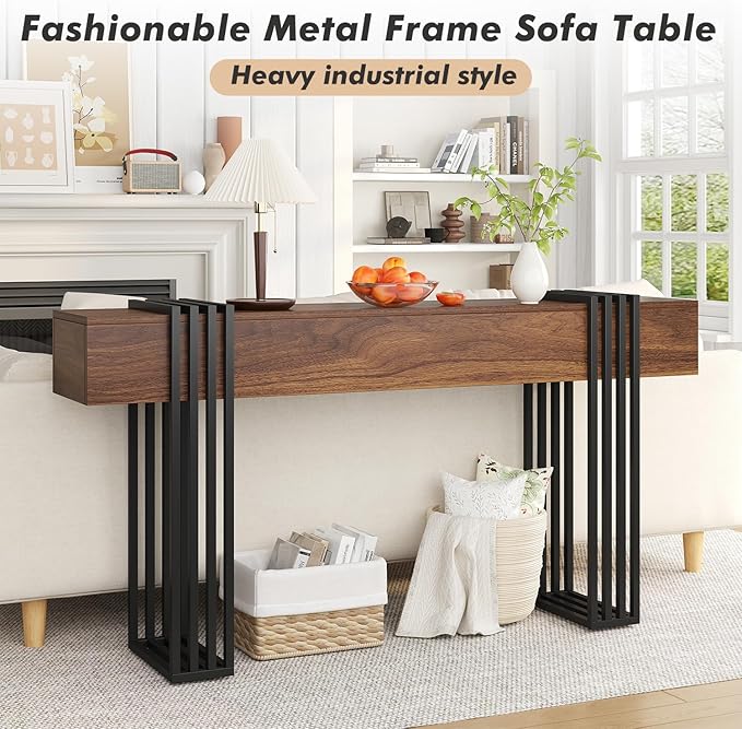 63 Inch Long Console Table, Extra Thick Industrial Sofa Table Behind The Couch Rectangular Entryway Table for Entrance Hallway Living Room, Entire top Board & 4-Pipe Legs, Rustic Brown
